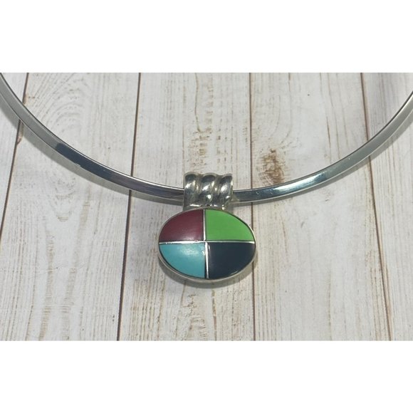 Vintage 925 Choker Necklace Multi Gemstone Pendant Modernist 15 inches - Picture 4 of 7